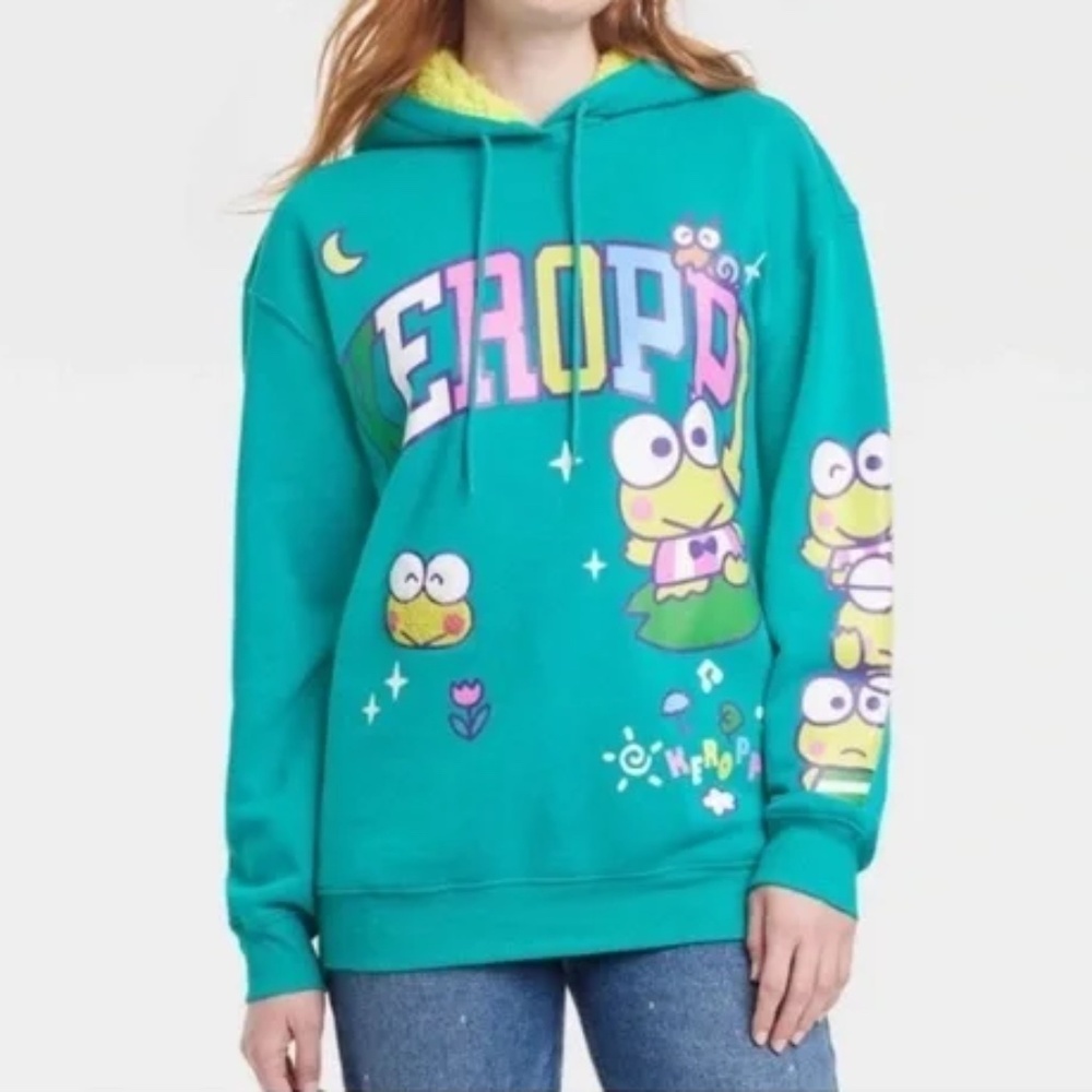 Sanrio Keroppi Graphic Hoodie Sweatshirt Fuzzy Lined Green Oversized Size XS